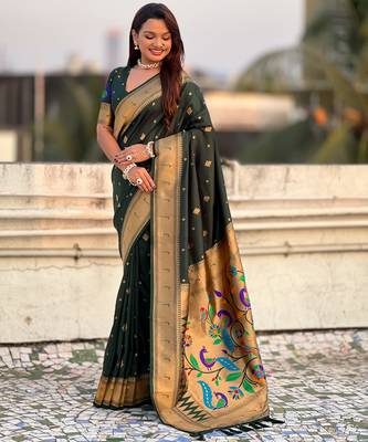 Dark green paithani silk blend traditional rich saree 4