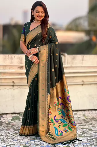 Dark green paithani silk blend traditional rich saree