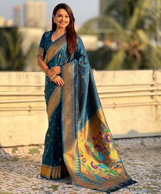 Teal blue paithani silk blend traditional rich saree 1