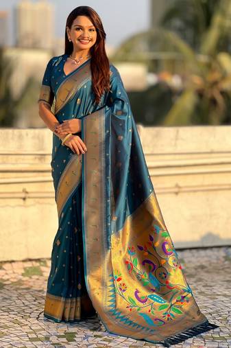 Teal blue color paithani silk fabric beautiful traditional rich saree