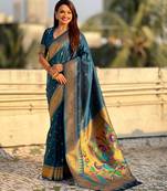 Teal blue color paithani silk fabric beautiful traditional rich saree