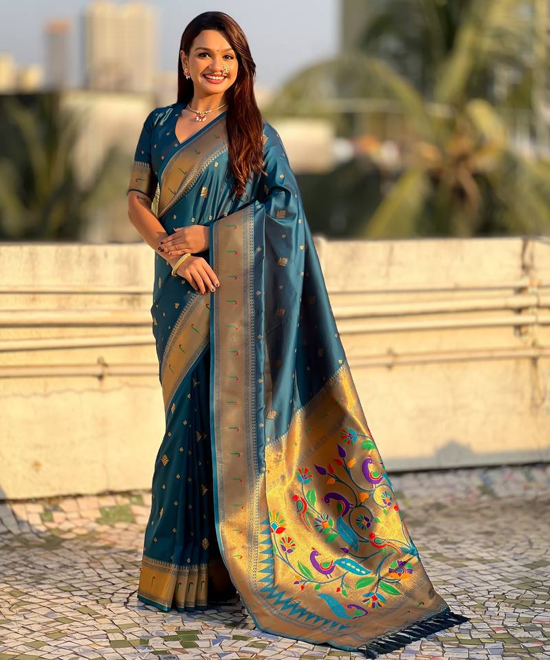 Teal blue color paithani silk fabric beautiful traditional rich saree