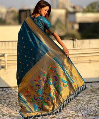 Teal blue paithani silk blend traditional rich saree 2