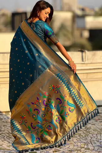Teal blue paithani silk blend traditional rich saree