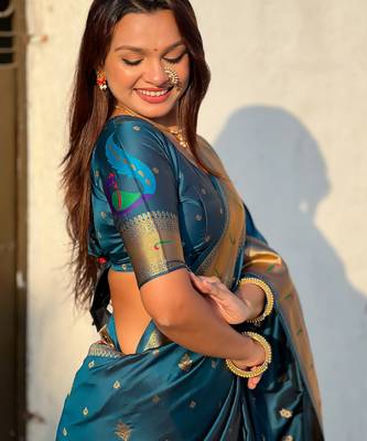 Teal blue paithani silk blend traditional rich saree 3