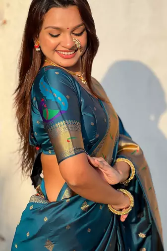 Teal blue paithani silk blend traditional rich saree