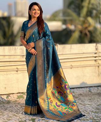 Teal blue paithani silk blend traditional rich saree 4