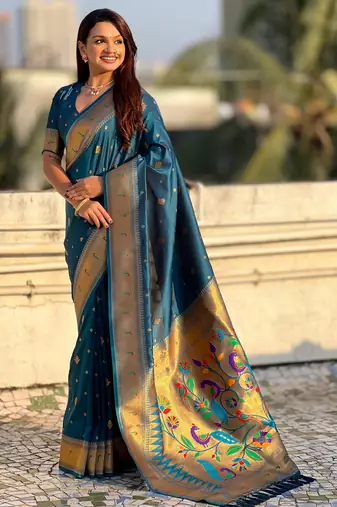 Teal blue paithani silk blend traditional rich saree