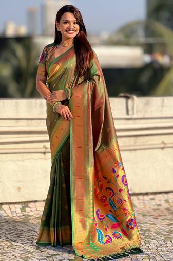 Mahendi color paithani silk fabric beautiful traditional rich saree