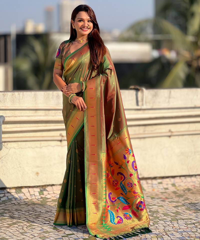 Mahendi color paithani silk fabric beautiful traditional rich saree