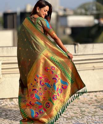 Mahendi paithani silk blend traditional rich saree 2
