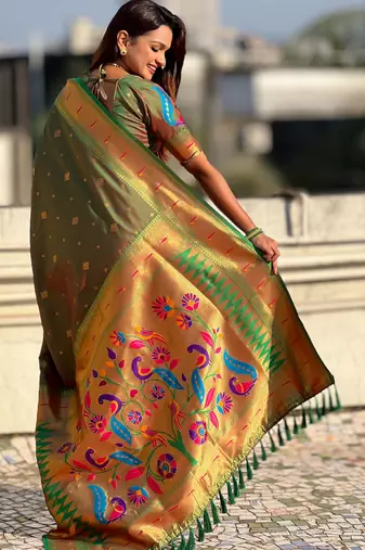 Mahendi paithani silk blend traditional rich saree