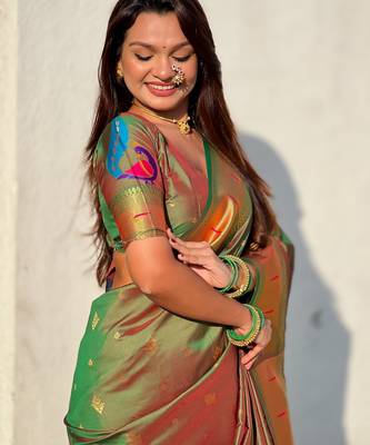 Mahendi paithani silk blend traditional rich saree 3