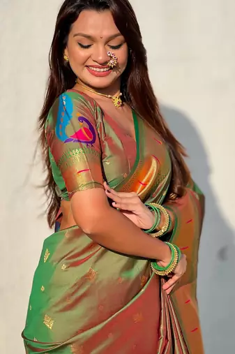 Mahendi paithani silk blend traditional rich saree