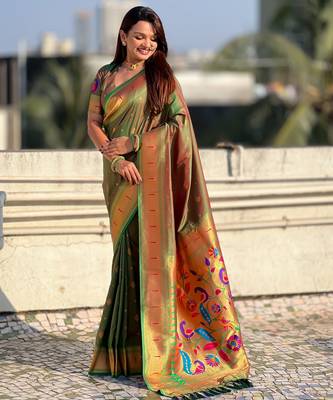 Mahendi paithani silk blend traditional rich saree 4