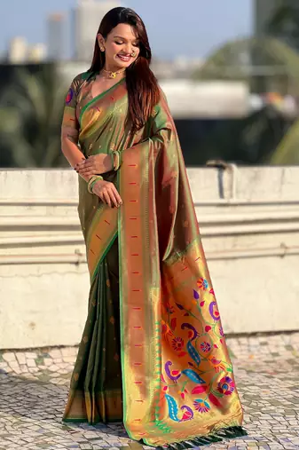 Mahendi paithani silk blend traditional rich saree
