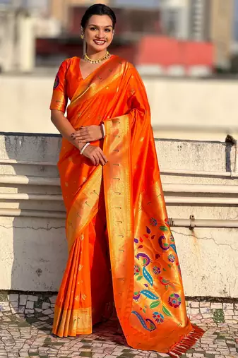 Orange color paithani silk fabric beautiful traditional rich saree