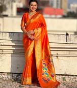 Orange color paithani silk fabric beautiful traditional rich saree