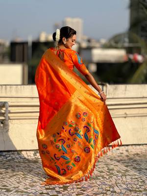 Orange paithani silk blend traditional rich saree 2