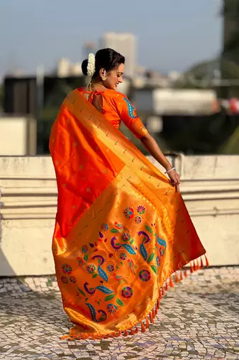 Orange paithani silk blend traditional rich saree