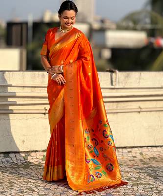 Orange paithani silk blend traditional rich saree 4