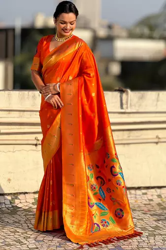 Orange paithani silk blend traditional rich saree