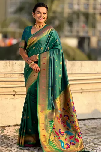 Rama color paithani silk fabric beautiful traditional rich saree