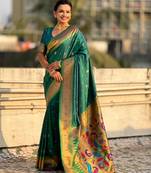 Rama color paithani silk fabric beautiful traditional rich saree