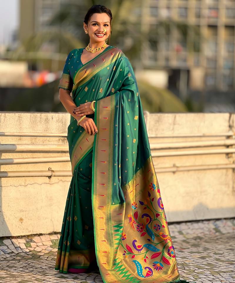 Rama color paithani silk fabric beautiful traditional rich saree
