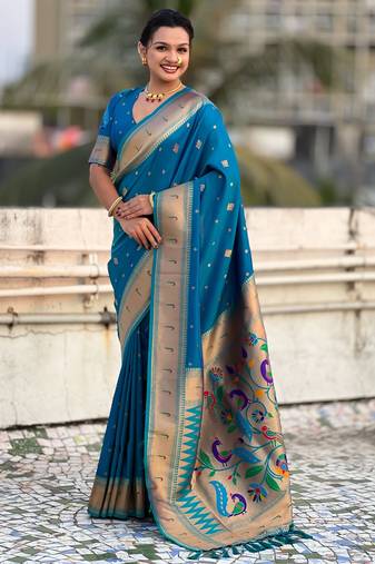 Firozi color paithani silk fabric beautiful traditional rich saree