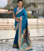 Firozi color paithani silk fabric beautiful traditional rich saree