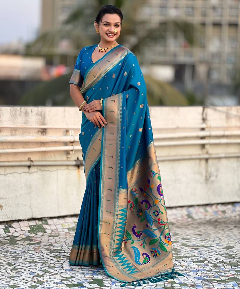 Firozi color paithani silk fabric beautiful traditional rich saree
