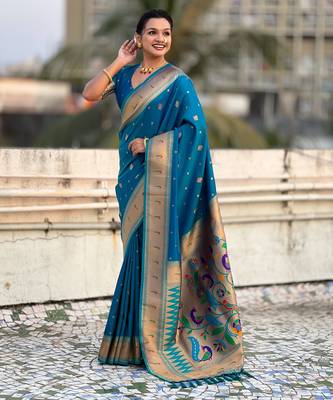 Firozi paithani silk blend traditional rich saree 4
