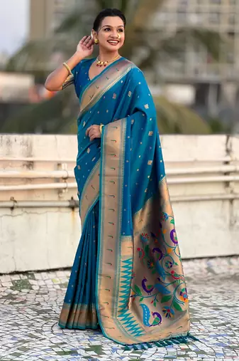 Firozi paithani silk blend traditional rich saree