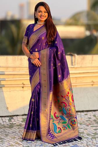 Violet color paithani silk fabric beautiful traditional rich saree