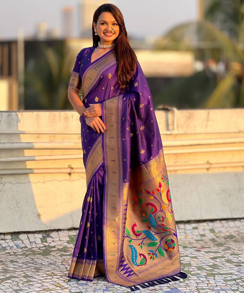 Violet color paithani silk fabric beautiful traditional rich saree