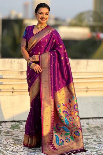 Wine color paithani silk fabric beautiful traditional rich saree