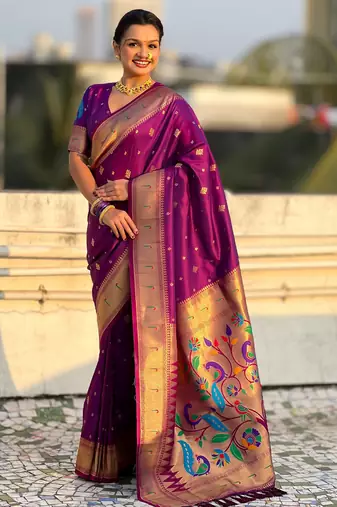 Wine color paithani silk fabric beautiful traditional rich saree