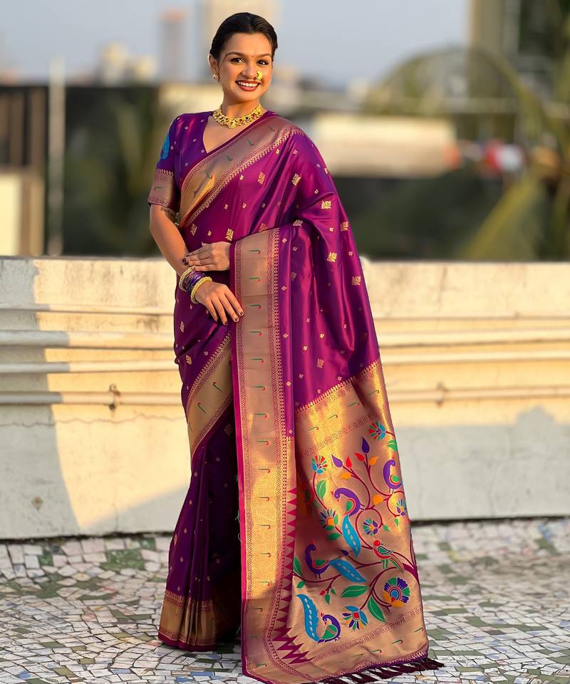 Wine color paithani silk fabric beautiful traditional rich saree