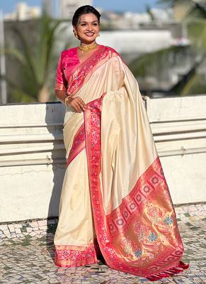 Cream heavy woven paithani gala soft silk blend saree 1