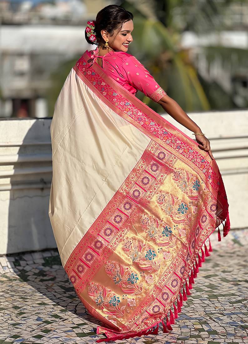 Cream color heavy  woven paithani gala designer soft silk saree