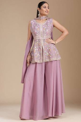 Lavender color star georgette party wear designer peplum sharara set