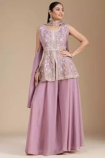 Lavender color star georgette party wear designer peplum sharara set