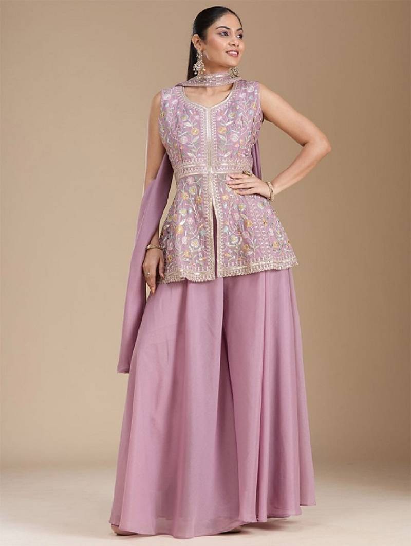 Lavender color star georgette party wear designer peplum sharara set