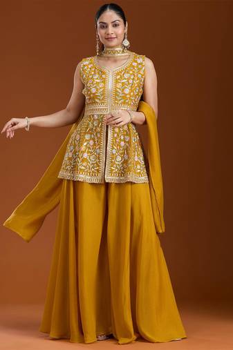 Yellow color star georgette party wear designer peplum sharara set