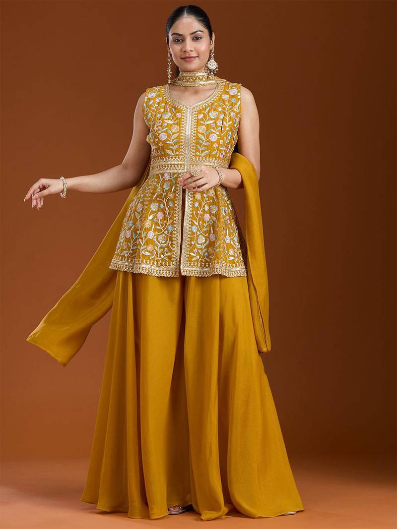 Yellow color star georgette party wear designer peplum sharara set