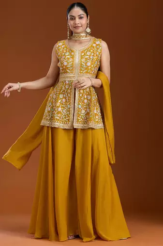 Yellow color star georgette party wear designer peplum sharara set