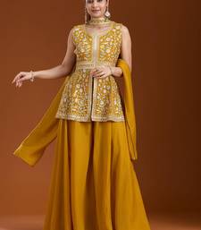 Yellow color star georgette party wear peplum sharara set