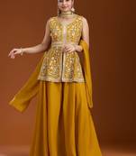 Yellow color star georgette party wear designer peplum sharara set