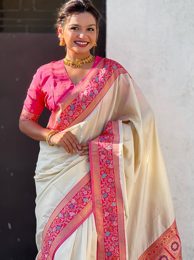 Cream color heavy  woven paithani gala designer soft silk saree